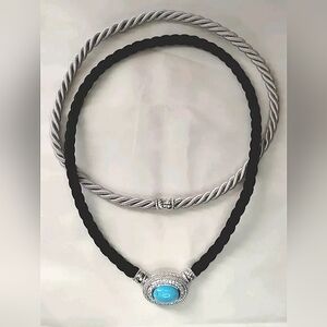 Judith Ripka Turquoise CZ 925 Sterling Silver Pendant Enhancer + 2 Cord Necklace